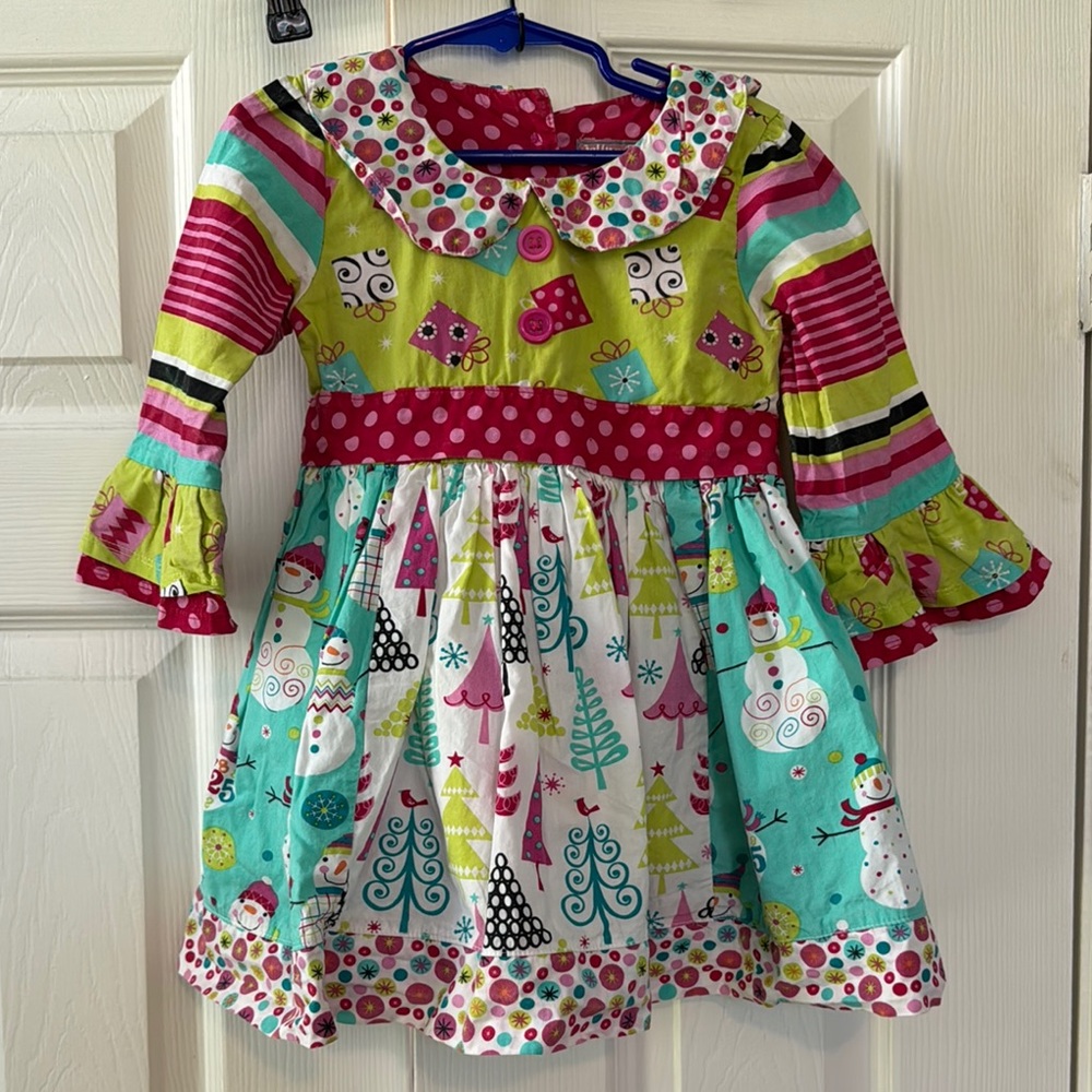 Jelly the Pug Long Sleeve Dress with Christmas Present and Snowman Print 2T